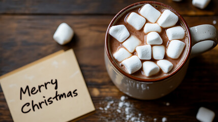 Indulge in the warmth of the season with a steaming mug of cocoa topped with marshmallows. Next to it, a card with the words 'Merry Christmas' adds to the holiday cheer!