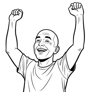&ldquo;High-contrast line art of a bald man smiling, arms lifted, cartoon realism style.&rdquo;
