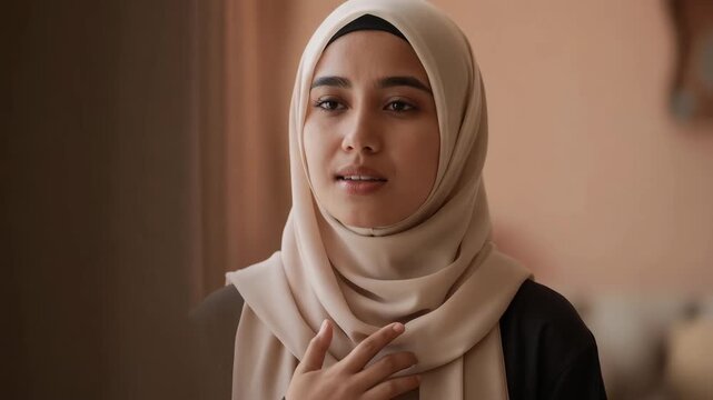 Young Muslim woman in hijab praying with hand on chest. Close-up of female breathing deeply and looking at camera. Faith, relief, and spirituality concept
