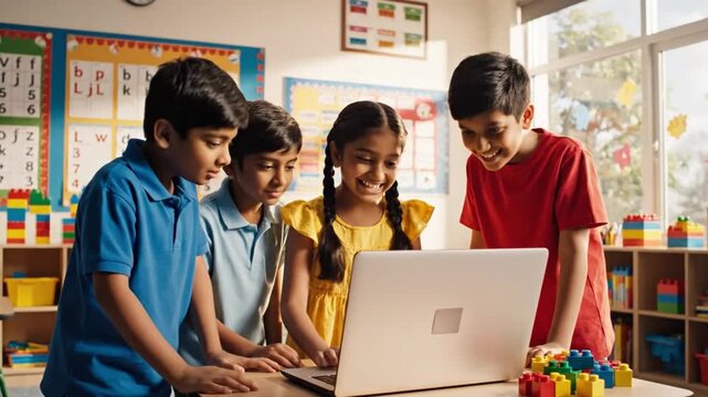 Children using laptop in classroom with educational toys and posters
