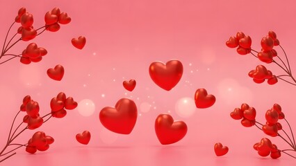 Happy valentine day wishes with red hearts on pink background