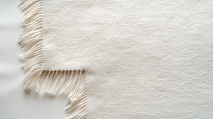 Ivory-colored woven throw blanket featuring a textured surface and fringed edges, conveying warmth and comfort. Minimalist aesthetic for home decor. Cozy and inviting.