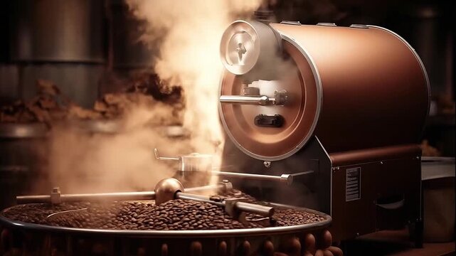 Steaming roasted coffee beans beside roaster. Warm amber glow, rotating drum ejecting smoke. Generative AI