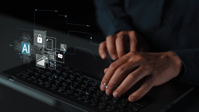Hands Typing on Laptop with Digital Icons Representing Technology, Data Security, Artificial Intelligence, and Communication Concepts Floating Around Gluon.