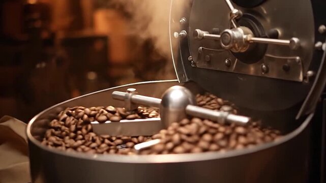 Steam rising from roasting drum filled with beans. Rotating agitator stirs dark glossy roast while vapor curls upward. Generative AI