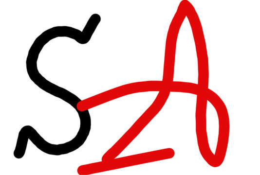 Stylized SzA logo with bold black and red letters