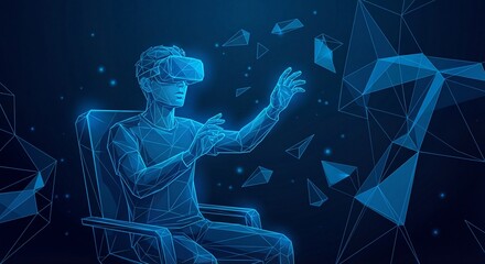 Young Person Using Futuristic Virtual Reality Vr Set Illustration with Geometric Polygons Low Poly Wireframe Concept