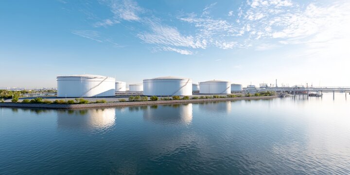 Large body of water with a row of large white tanks on the shore
