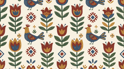 Whimsical scandinavian folk art pattern featuring hand drawn roosters, stylized flowers, and geometric ornaments in a decorative, colorful repeat design, perfect for fabric and print © Hafiz