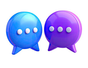 Two glossy, stylized speech bubbles in blue and purple, with three white dots, on black background