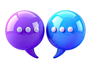 3D-rendered illustration of two shiny, glossy chat bubbles. One purple, one blue, three dots