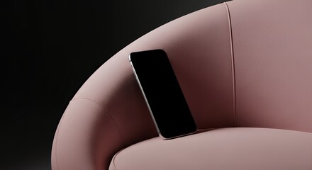 A smartphone resting on a curved pink armchair, captured from a close-up viewpoint in a minimalist interior setting