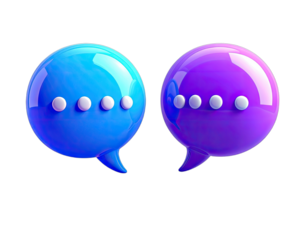 Glossy, rounded speech bubbles in blue and purple, with white dots, against black