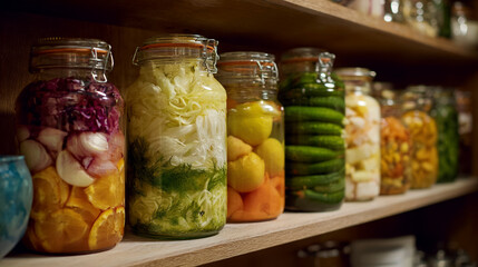 Farmhouse Style Jars Contain Preserved Vegetables Illuminated By Cozy Ambient Lighting With Rustic Labels
