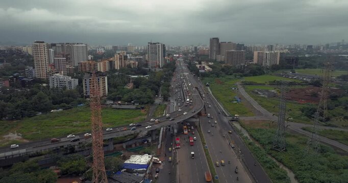 Aerial view of Bandra Kurla Complex (BKC), Mumbai, India, showcasing the city&rsquo;s prominent financial and commercial district. Beautiful cloudy weather during the monsoon.