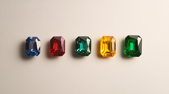 A vibrant collection of meticulously cut jewels, showcasing an array of colors&mdash;blue, red, green, yellow and bright green&mdash;arranged in a row against a soft background.