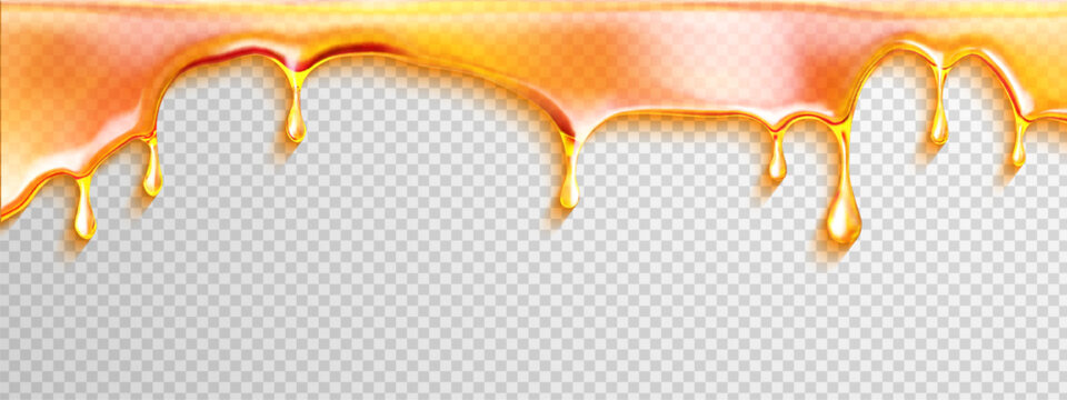 Caramel oil melt gooey honey with drip, vector syrup and background flow. Golden cream or sticky drop. Liquid stream design for food or cosmetic layout.