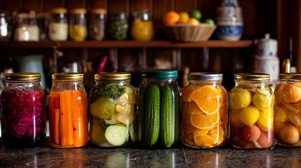 Luminous Mason Jars Filled With Citrus Segments And Cucumber Pickles Arranged On Kitchen Surface