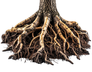 Close-up of tree trunk and complex root system, brown and beige shades. Isolated on black