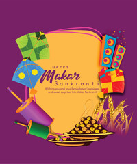 Creative Happy Makar Sankranti Festival Background Decorated with Kites, string for festival of India
