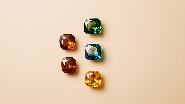 Five cushion-cut gemstones in a variety of colors, from rich greens and blues to warm yellows and browns, resting on a light-beige surface. Perfect for jewelry design.
