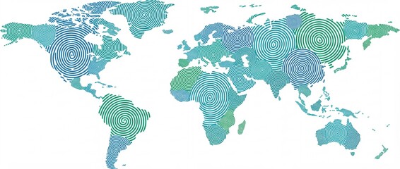 Futuristic World Map Made of Fingerprint Scans Biometric Global Data Security on Tech Background