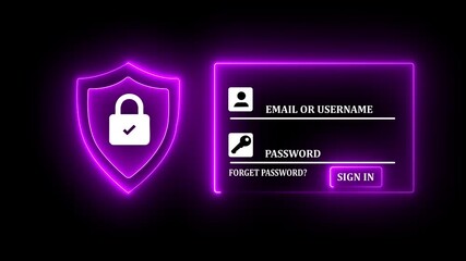 Glowing neon Cybersecurity Secure Login System concept on the black background. user accessing password on secure login for data privacy identity protection. HD video motion graphic animation