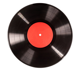 Black vinyl record with red label playing music