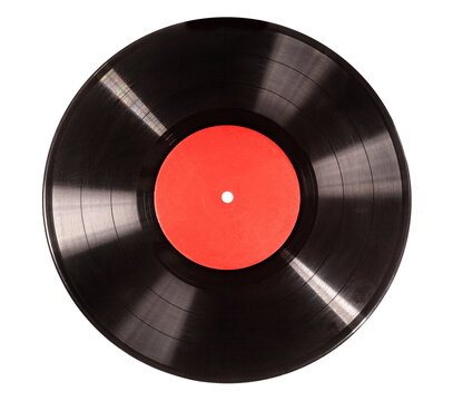Black vinyl record with red label playing music