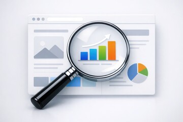 Magnifying glass analyzing SEO performance charts on digital dashboard