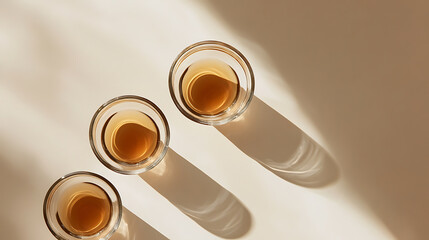 Three clear glasses, filled with amber liquid, cast long shadows on a cream-colored surface, creating a minimalist, sun-drenched composition evoking calm and relaxation.