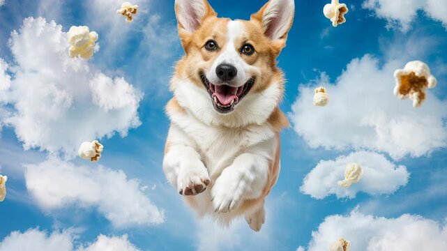 Corgi leaps through a bright sky of soft clouds while popcorn pieces float around. The cheerful dog appears mid-jump with ears perked and tongue out, evoking a playful whimsical scene suitable for pet