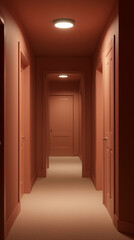 Serene Hallway Under Warm Lighting, Dimly Lit Corridor With Closed Doors And Symmetrical Design Features