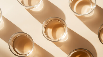 Elegant arrangement of clear glass cups filled with light brown liquid, casting sharp shadows on a soft beige surface. A study in simplicity, light, and form.