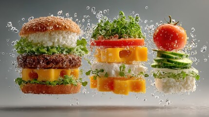 Deconstructed burger ingredients floating in air with fresh water splashes.

