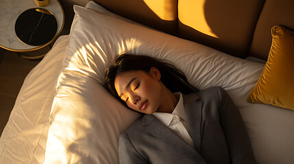 Serene rest for a tired professional. Woman in a suit finds solace in a midday nap, catching golden rays on a plush pillow. Business meets tranquility, unwinding.