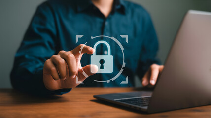 Cyber Security Specialist Touching Digital Padlock Interface on Laptop – Data Protection and Network Safety Concept
