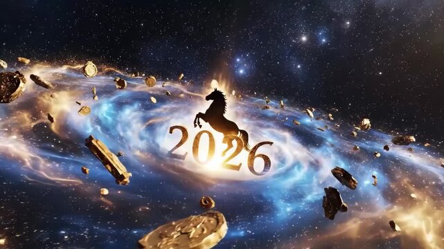 Golden unicorn silhouette over glowing galaxy swirl with floating coin nebula 2026 space journey