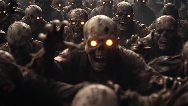 Zombie horde under smoky night sky, amber eyes glowing through fog. Hunter lunges from front, barricade breaking. Generative AI