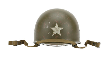 Old military helmet with a weathered star insignia and chin strap, showcasing its vintage and battle-worn appearance from a past conflict.