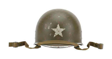 Old military helmet with a weathered star insignia and chin strap, showcasing its vintage and battle-worn appearance from a past conflict.