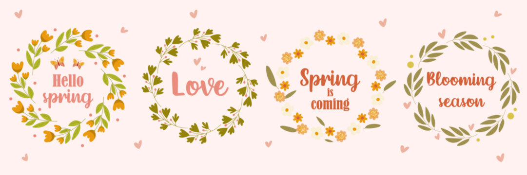 Set of four delicate spring floral wreath illustrations with hand-lettered quotes on a soft pastel background. Perfect for seasonal designs, greeting cards, invitations, social media, branding