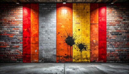 Brick wall with vertical red, orange, and yellow stripes, black splatter mark, and concrete floor in urban setting.