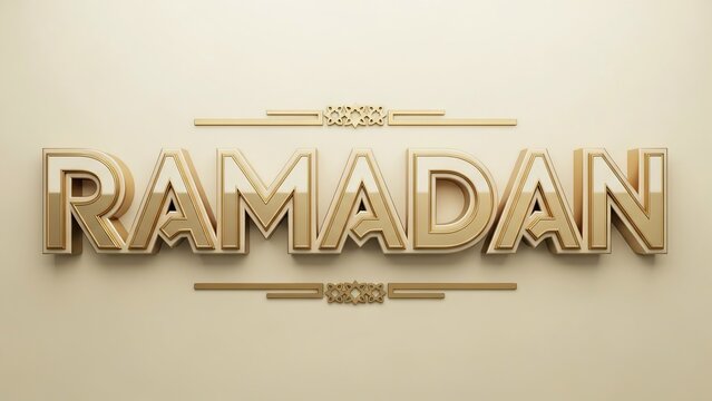 Elegant 3D golden text spelling out RAMADAN with decorative elements on a subtle beige background, symbolizing the holy month. - Powered by Adobe