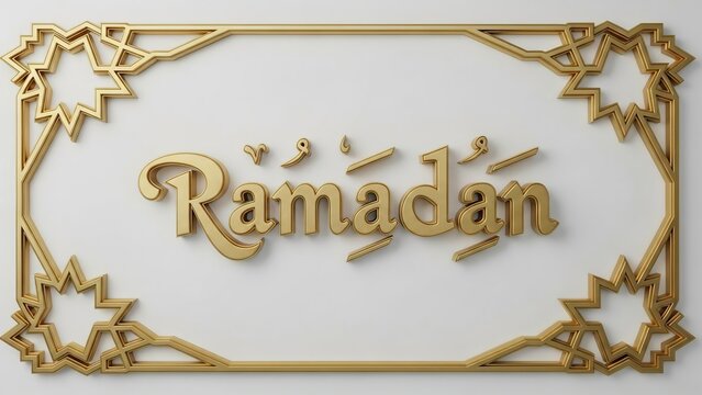 Elegant golden Arabic calligraphy for Ramadan Kareem with decorative Islamic geometric patterns on a white background.
