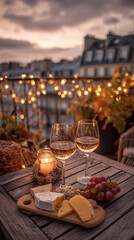 Naklejka premium Romantic Evening With Wine Over Rooftops, Celebration On Rooftop Under Starry Skies And Glowing Lights