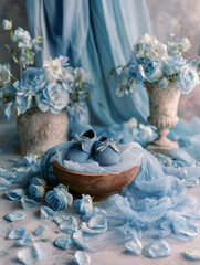 Still Life with Blue Baby Shoes, Roses, and Draped Fabric on Table &ndash; Baby Boy Backdrop with Copy Space