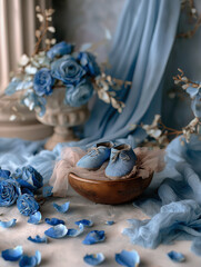 Still Life with Blue Baby Shoes, Roses, and Draped Fabric on Table &ndash; Baby Boy Backdrop with Copy Space