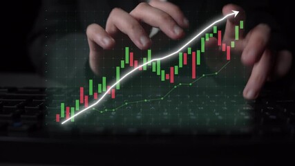 A business professional hands interact with a keyboard while analyzing financial data on a computer. The overlay of a stock market trend graph displays growth and performance. Copula - Powered by Adobe