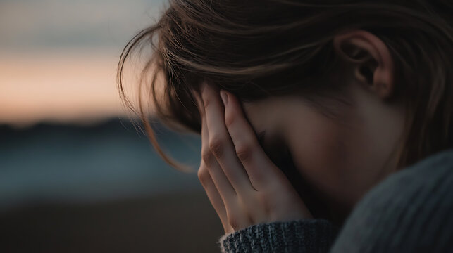 A woman in solitude, her face obscured by her hands, conveying a sense of vulnerability against the backdrop of a serene, blurred landscape in the soft evening light. - Powered by Adobe